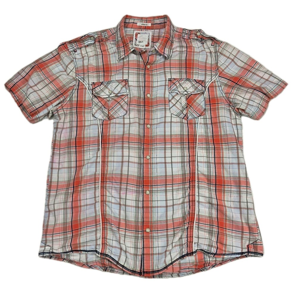 BKE Men XL Athletic Fit Plaid Short Sleeve Western Pearl Snap Shirt Orange White